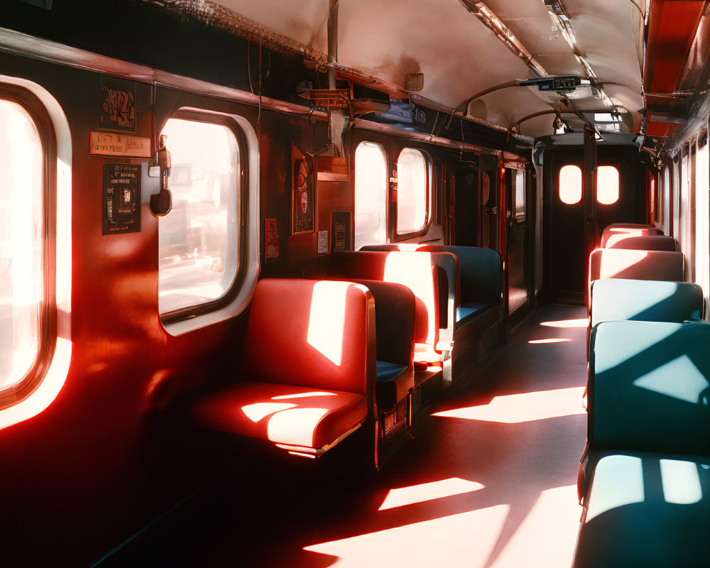 Red seats and sunlight in empty train interior.