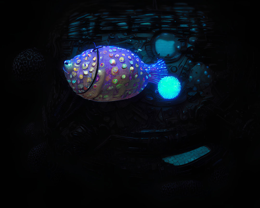 Bioluminescent sea creature with dotted patterns on dark oceanic background