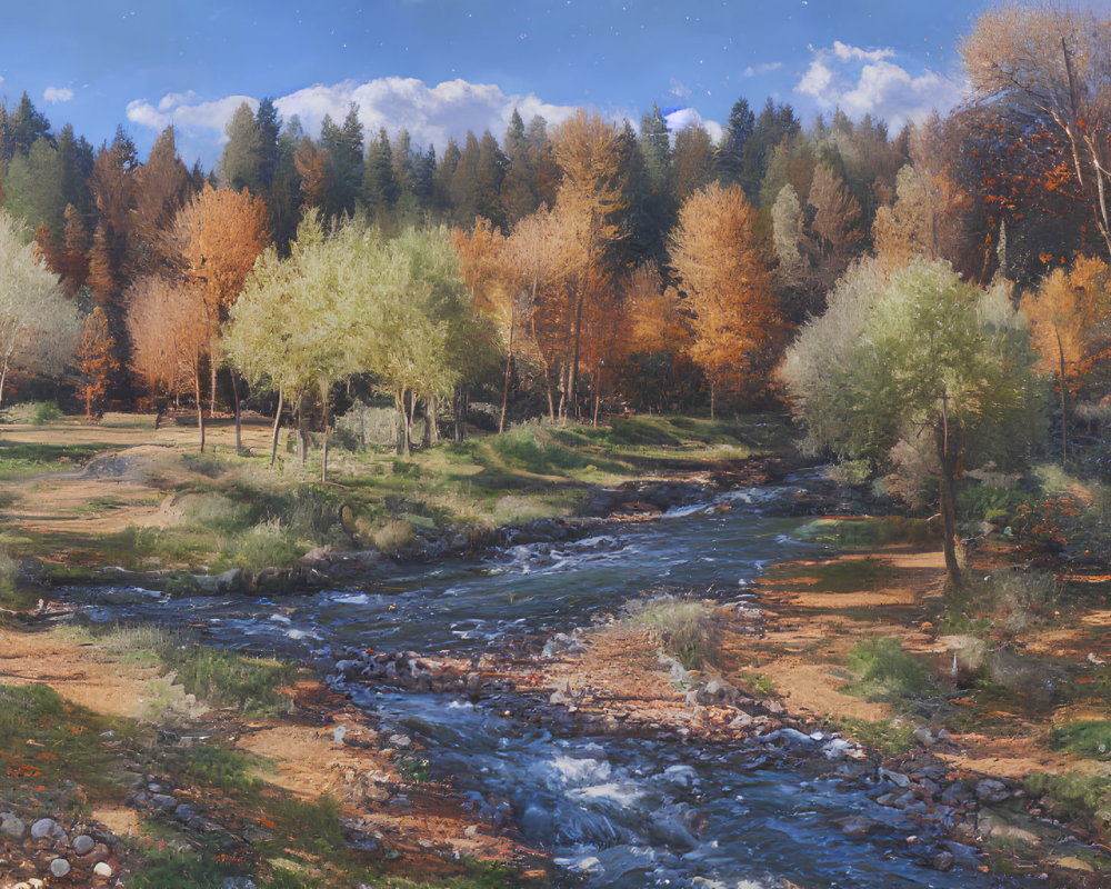 Tranquil autumn forest scene with babbling brook