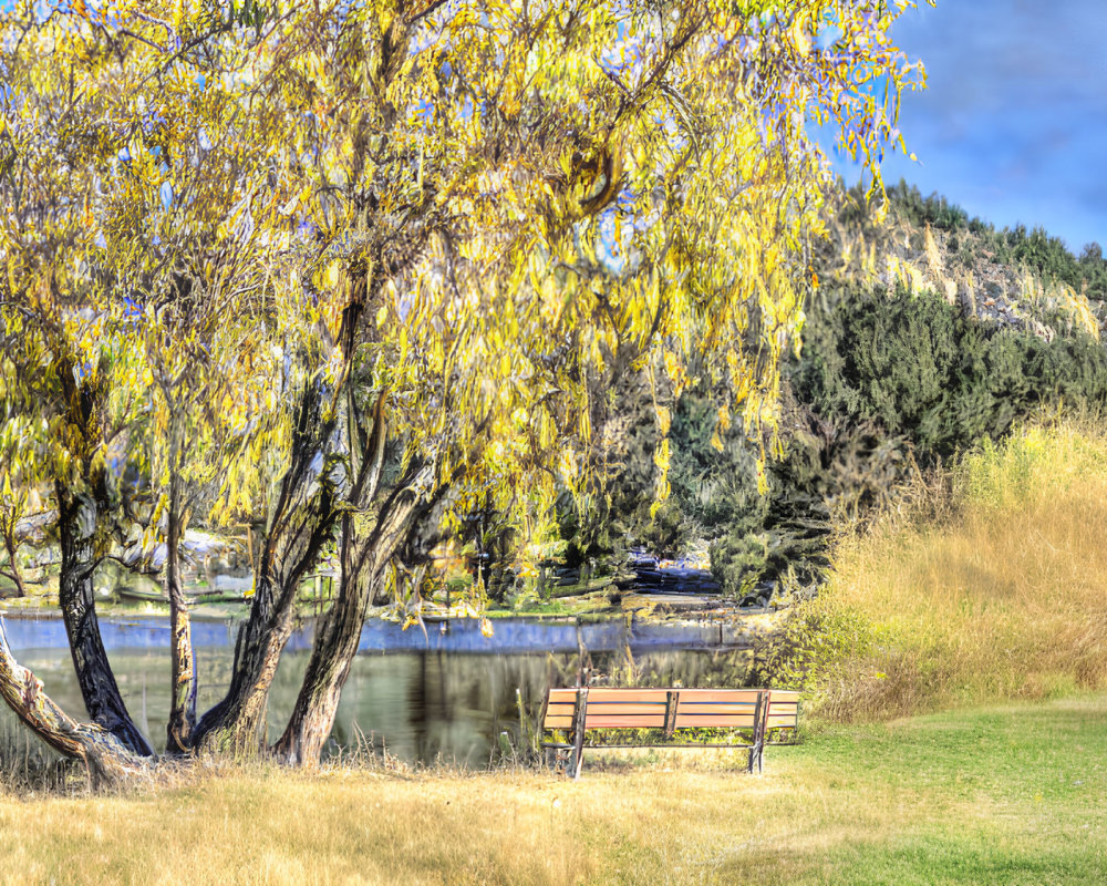 Tranquil Park Scene: Bench, Yellow Leaves, River, Vegetation, Hill