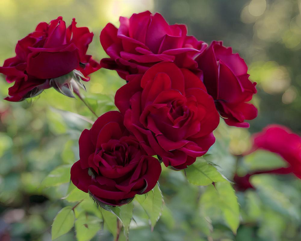 Beautiful red roses in full bloom with soft-focus greenery.