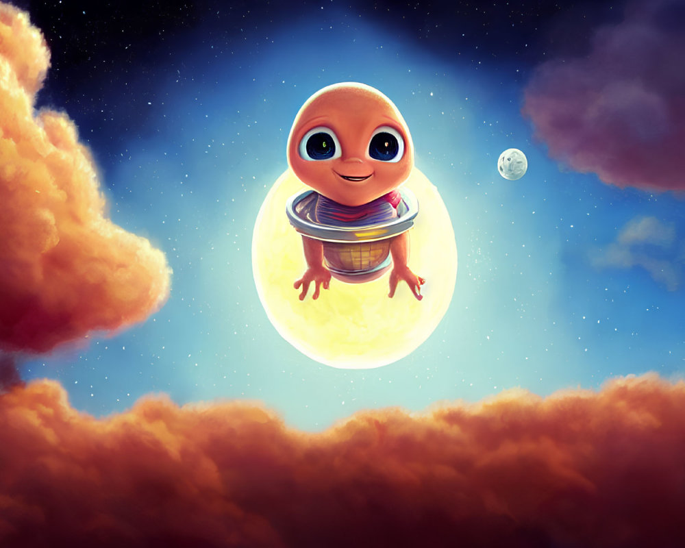 Cute alien character floating on crescent above clouds