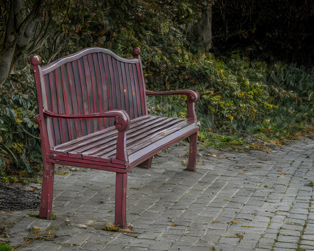 Mahogany Bench on Cobblestone Path Amidst Greenery