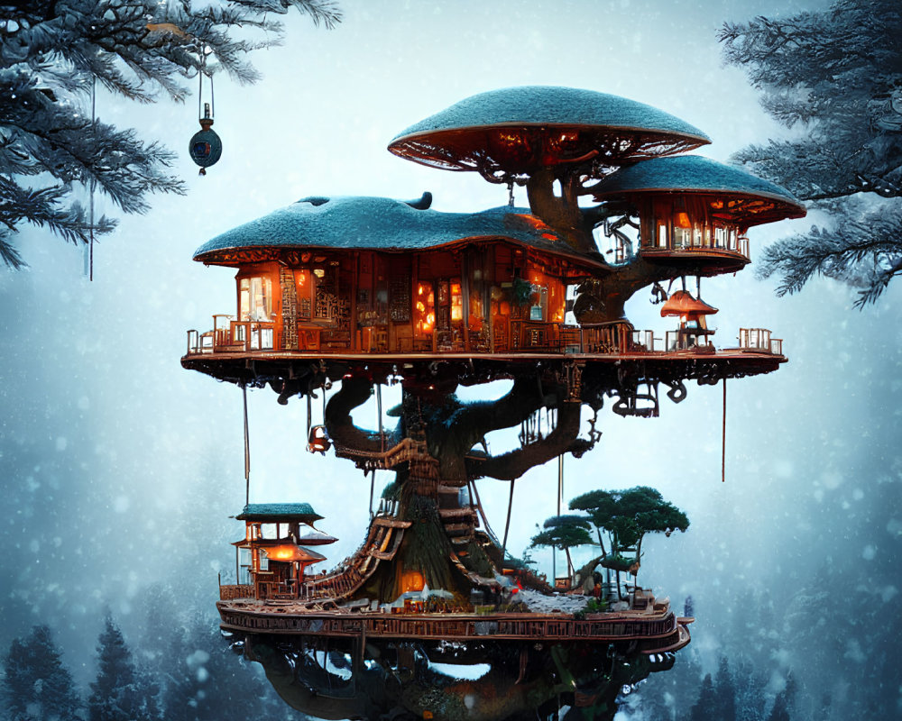 Floating treehouse with multiple levels in snowy landscape & cable car overhead