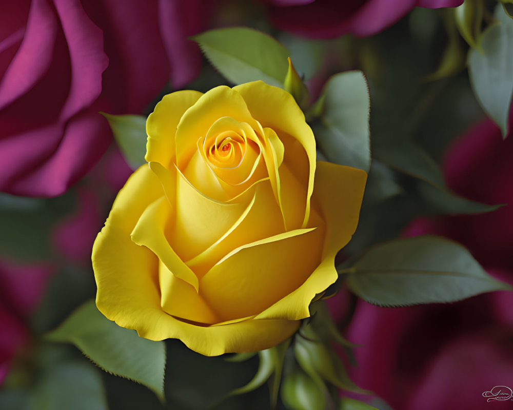 Vibrant Yellow Rose Blooming Among Red Roses