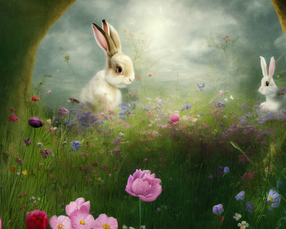 Vibrant meadow with rabbits, colorful flowers, hazy sky, and dark tree arches