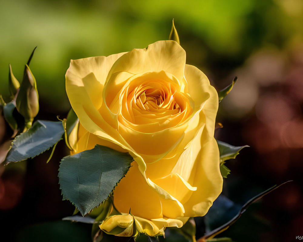 Bright yellow rose in full bloom against soft green background.