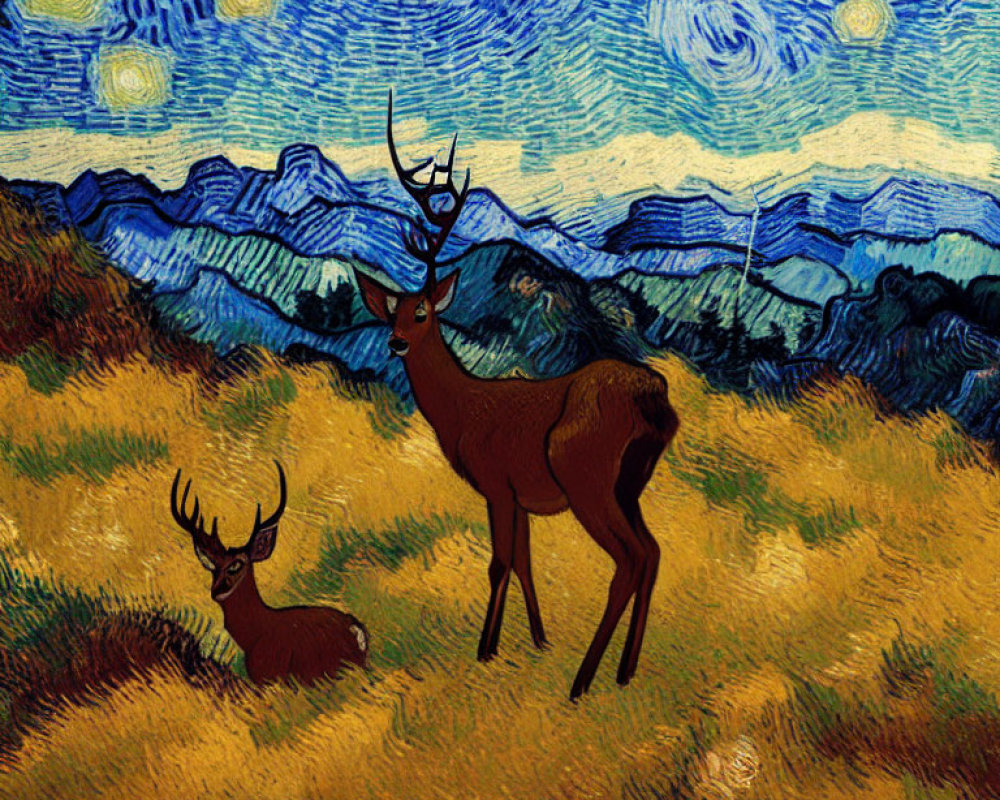 Stylized deer in Van Gogh-inspired starry night landscape