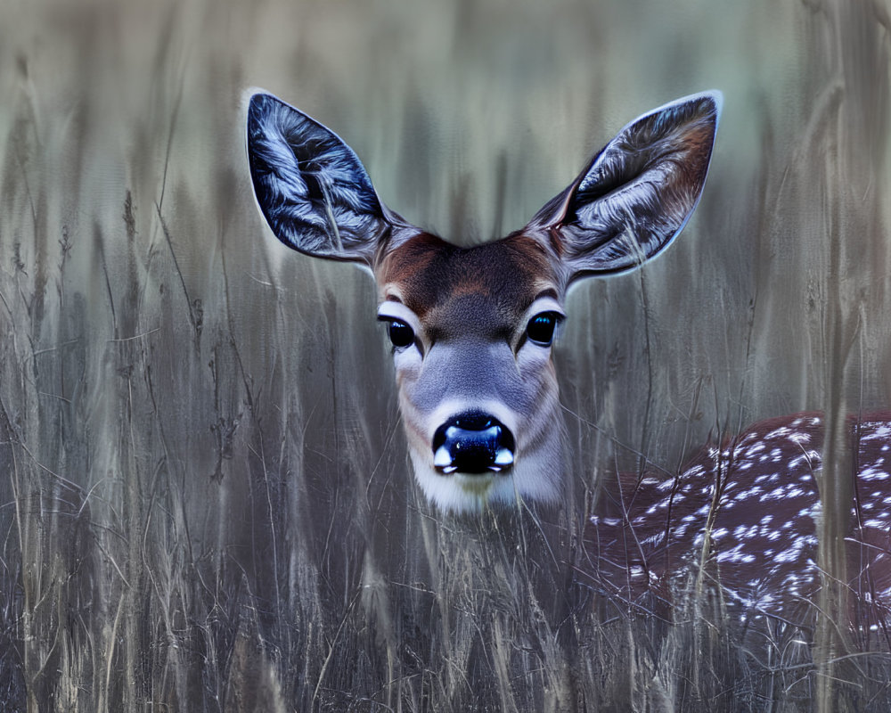 Young deer with white spots blending into tall grass landscape