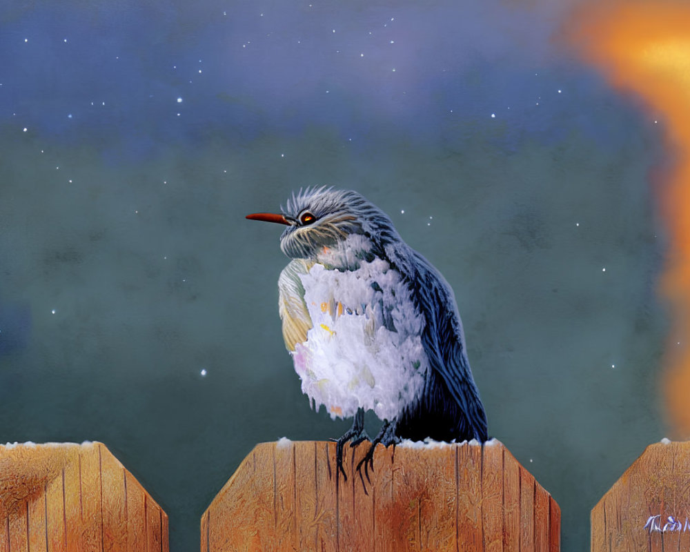 Fluffy white and grey bird on wooden fence under starry sky