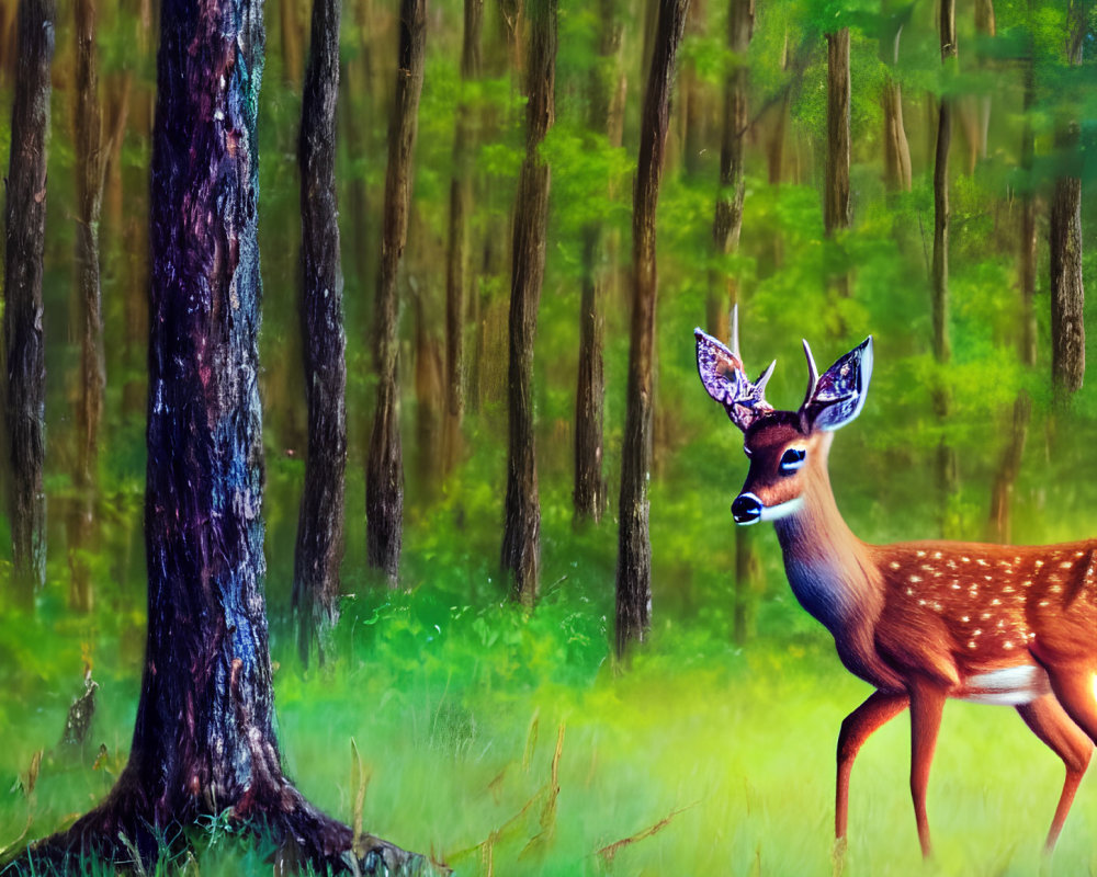 Digital Artwork: Young Deer with Illuminated Antlers in Vibrant Forest