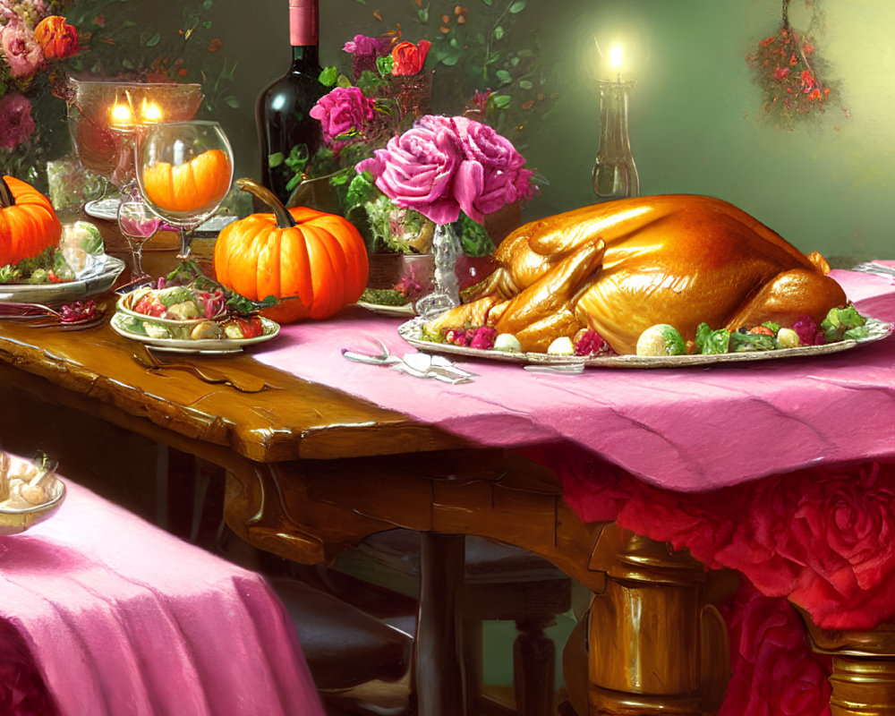 Festive Thanksgiving table with roasted turkey, wine, candlelight, flowers, and pumpkins