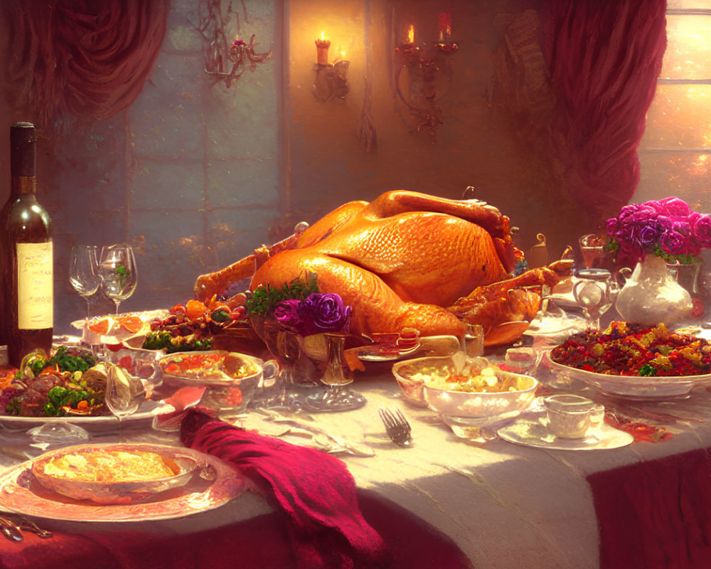 Luxurious Thanksgiving feast with roasted turkey, wine, and flowers