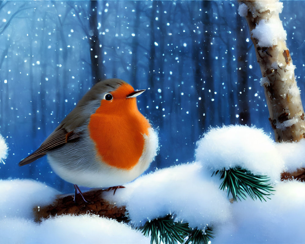 Orange-breasted Robin Perched on Snow-Covered Branch in Winter Forest