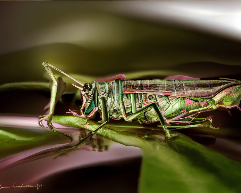 Detailed Close-Up of Green Grasshopper with Pink Highlights on Leaf