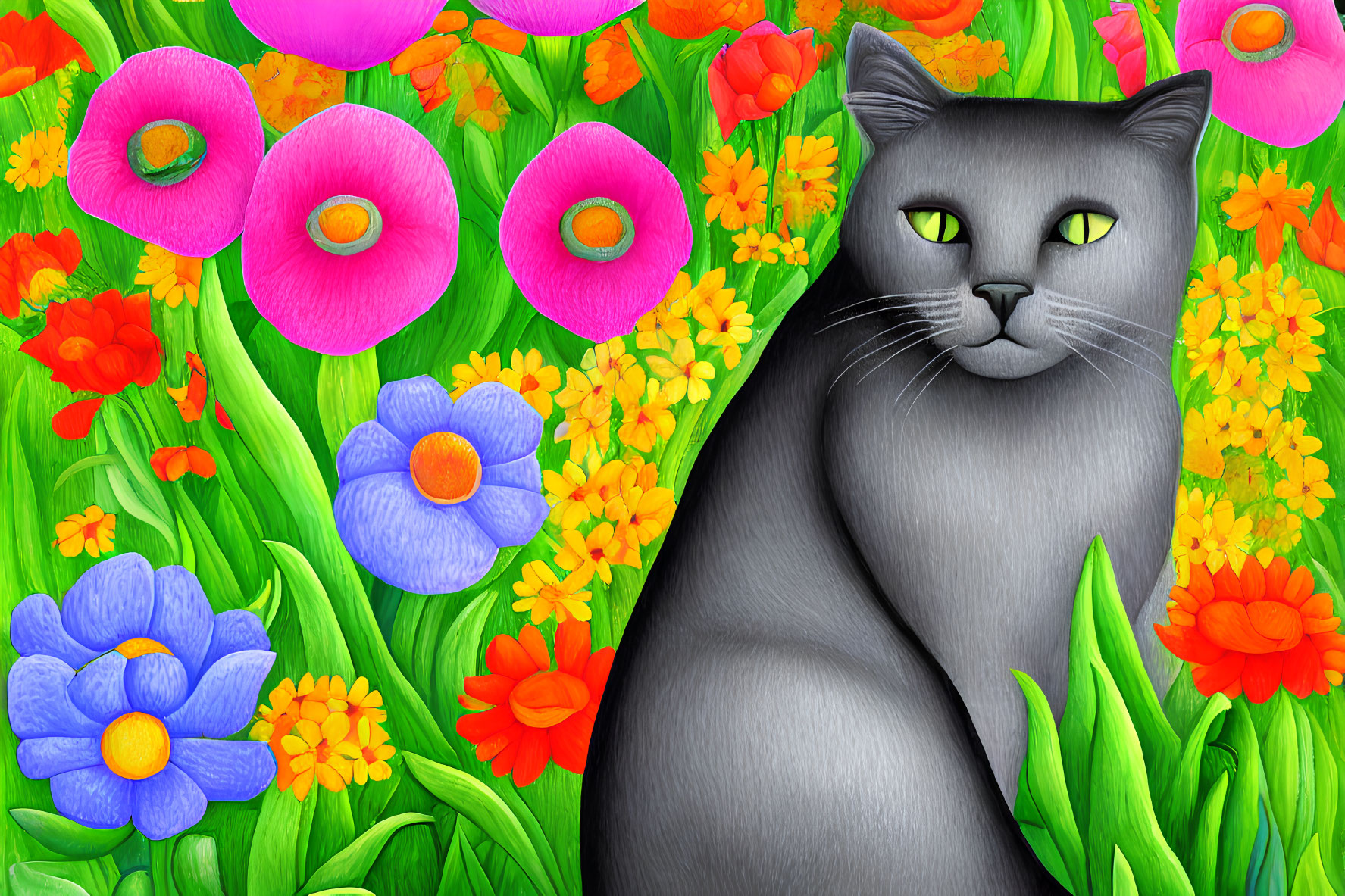 Grey Cat with Green Eyes Surrounded by Colorful Flowers