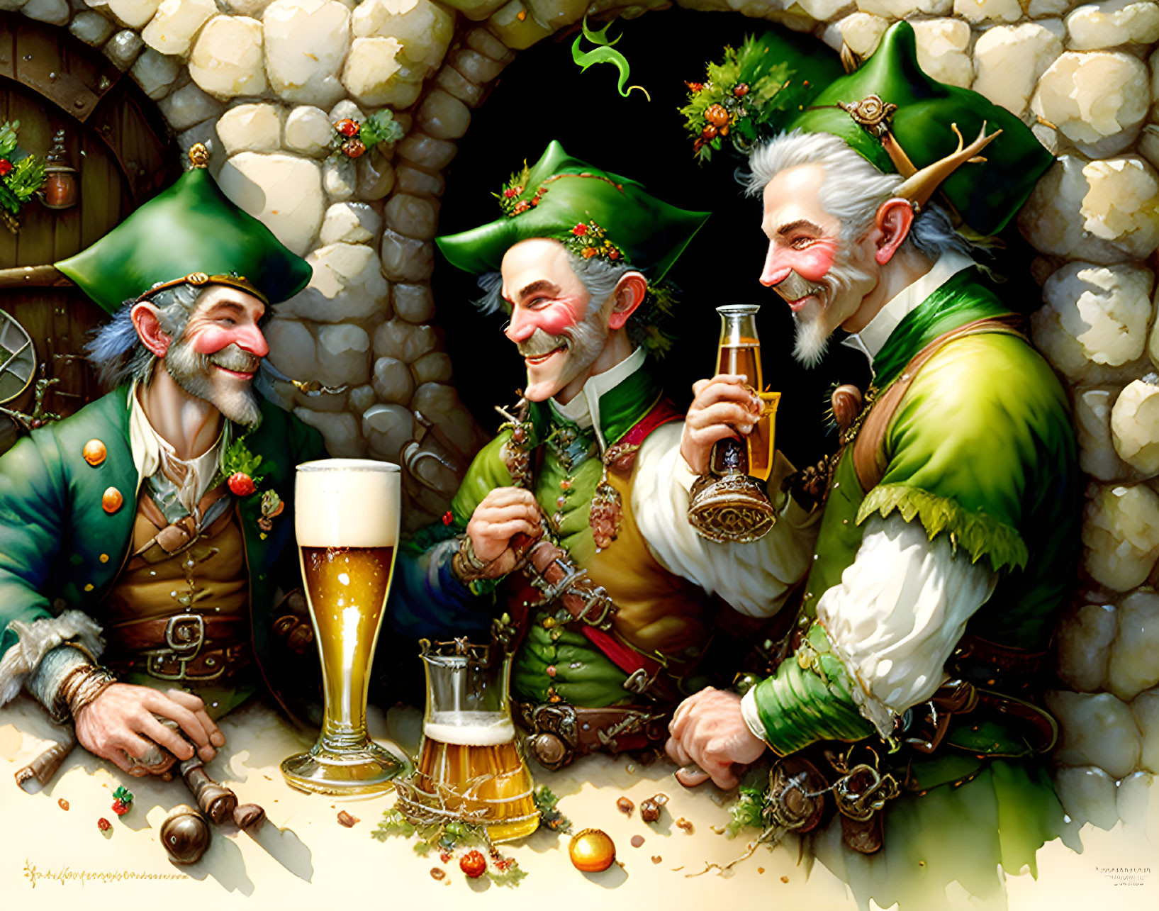 Three elves in green clothes toasting with beer in a festive setting.