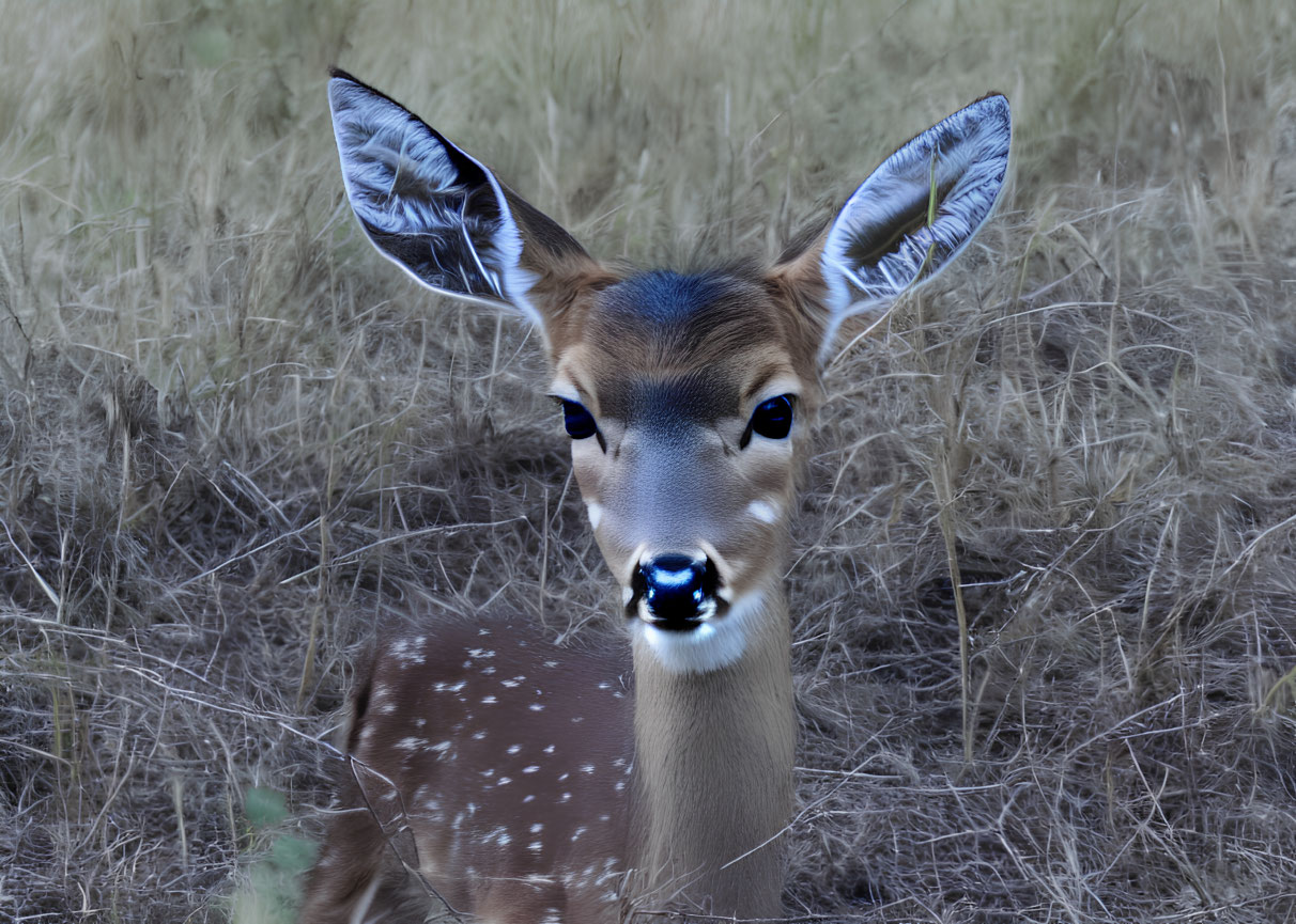 Spotted deer with large ears in dry grass landscape