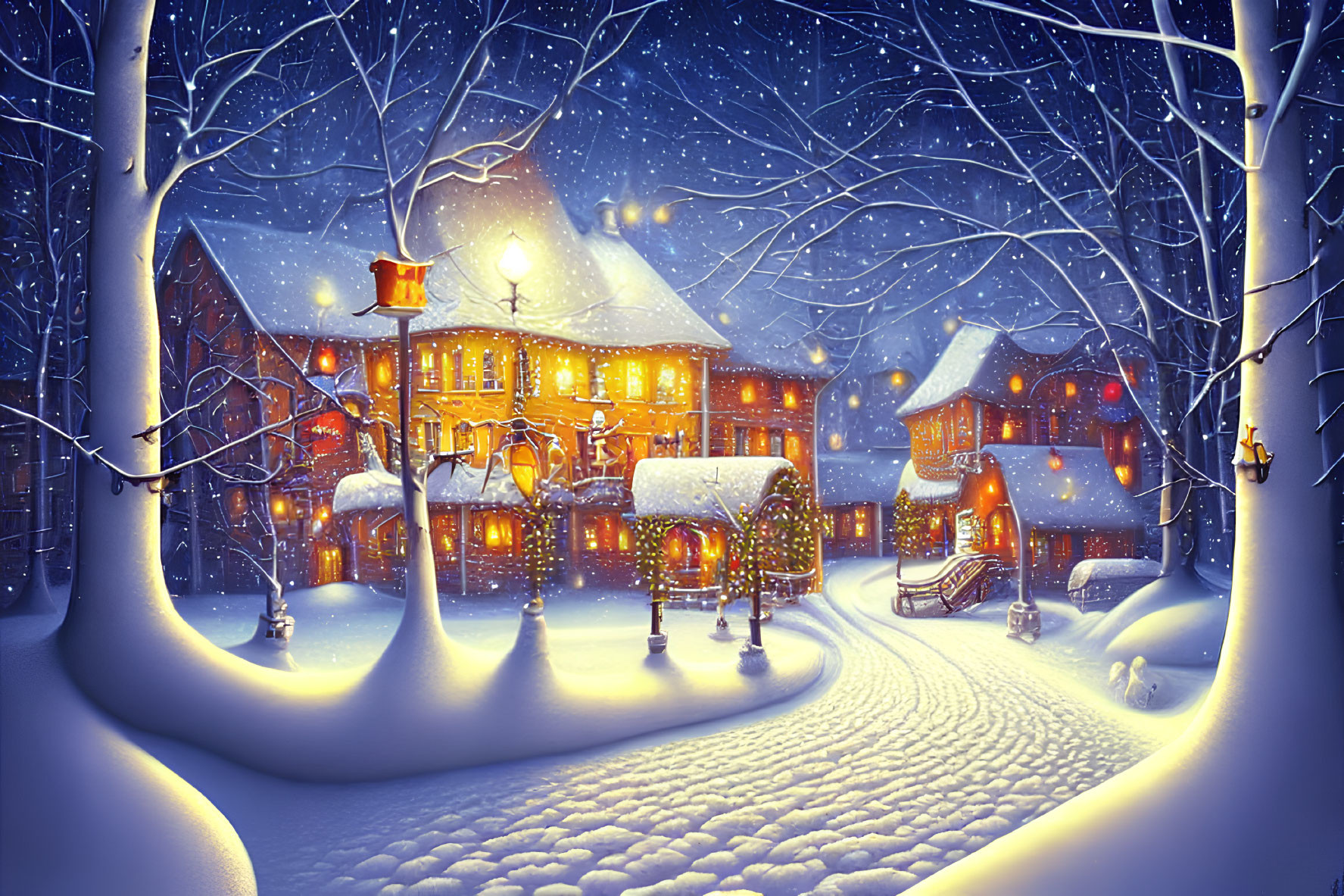 Snow-covered village at night with illuminated houses and street lamps