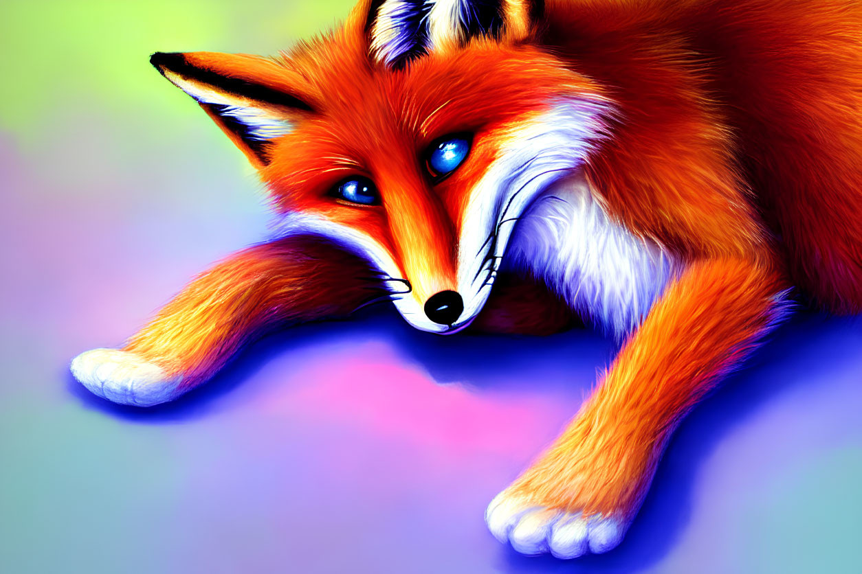 Vibrant illustration: Red fox with blue eyes and fluffy orange fur