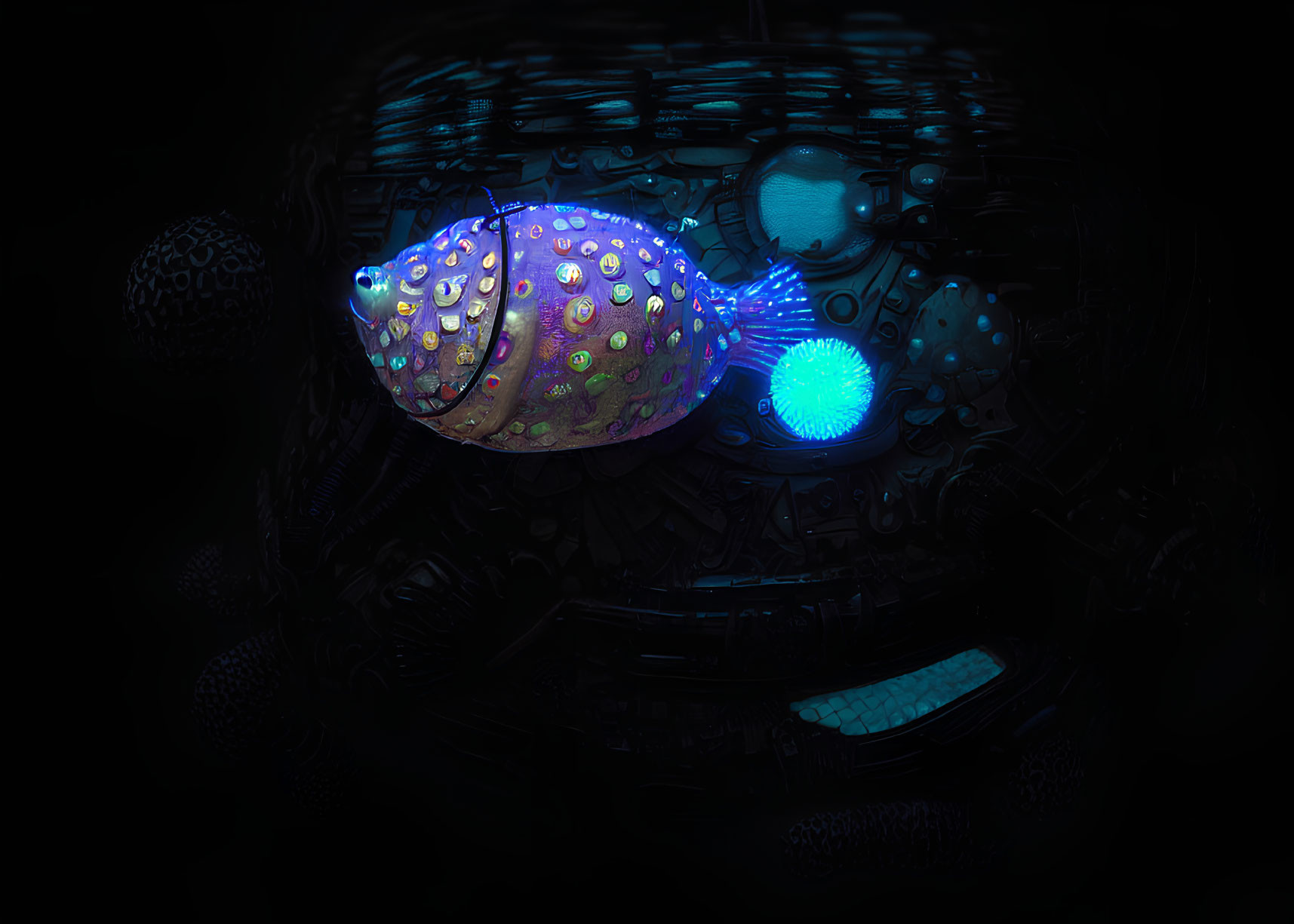 Bioluminescent sea creature with dotted patterns on dark oceanic background