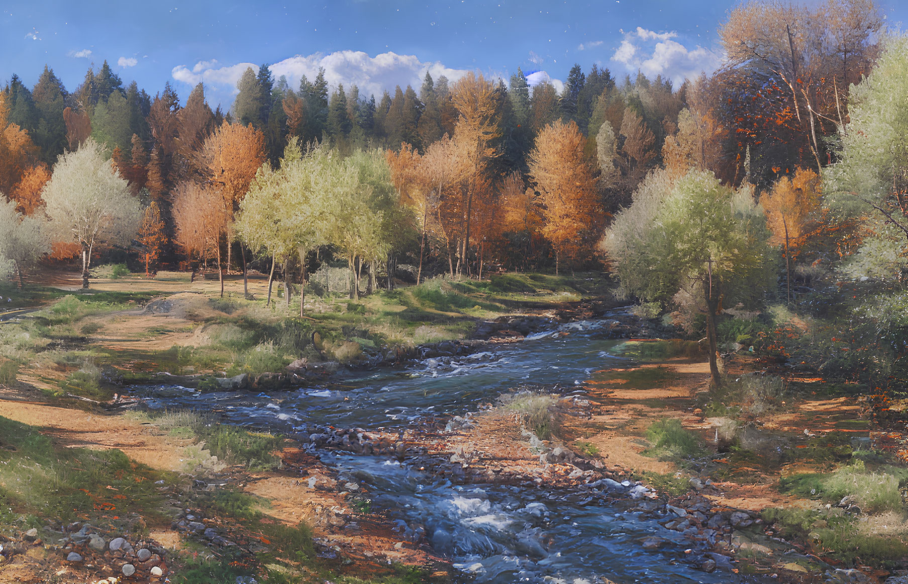 Tranquil autumn forest scene with babbling brook