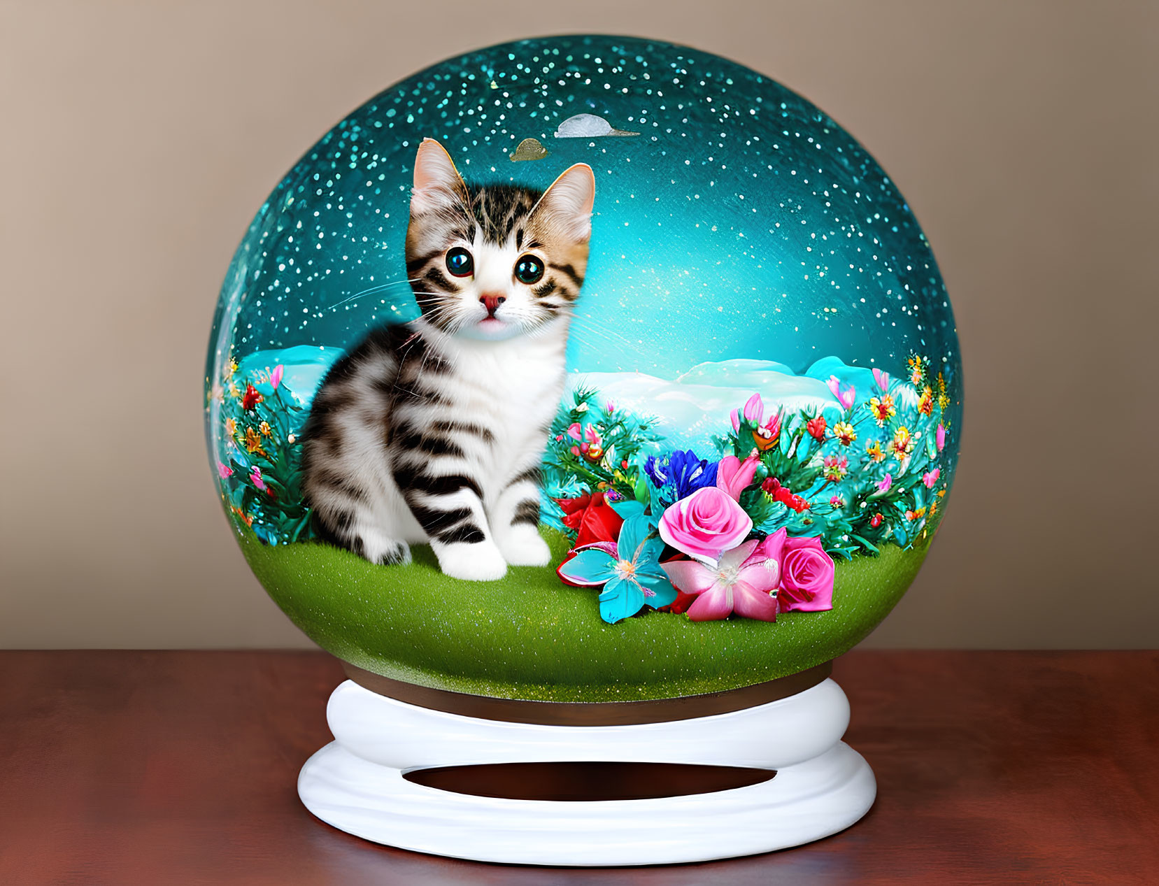 Snow Globe with Kitten, Floral Scene, and Starry Sky on Wooden Table