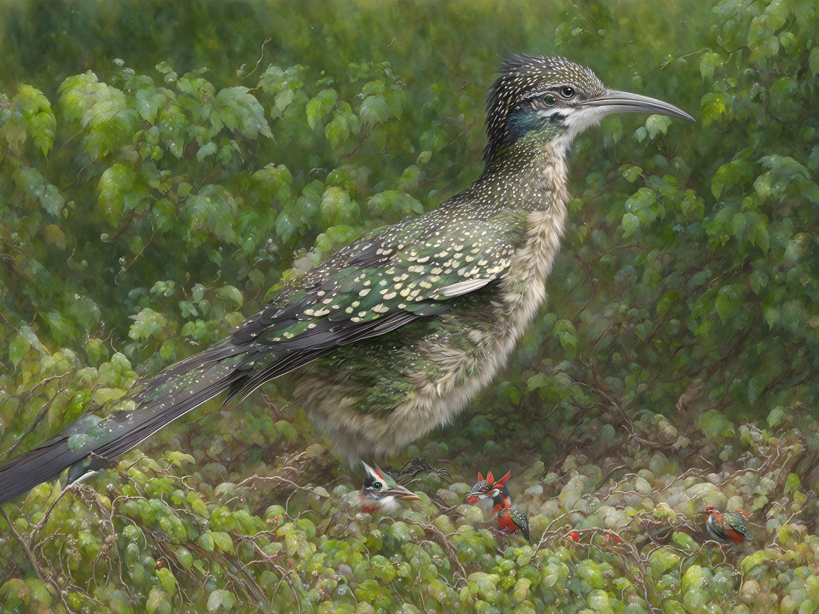 Greater Roadrunner and Red-Capped Manakins in Shrubbery