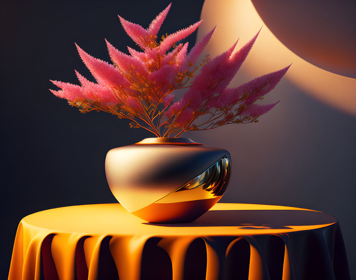 Vibrant pink plant in golden-striped vase on orange table