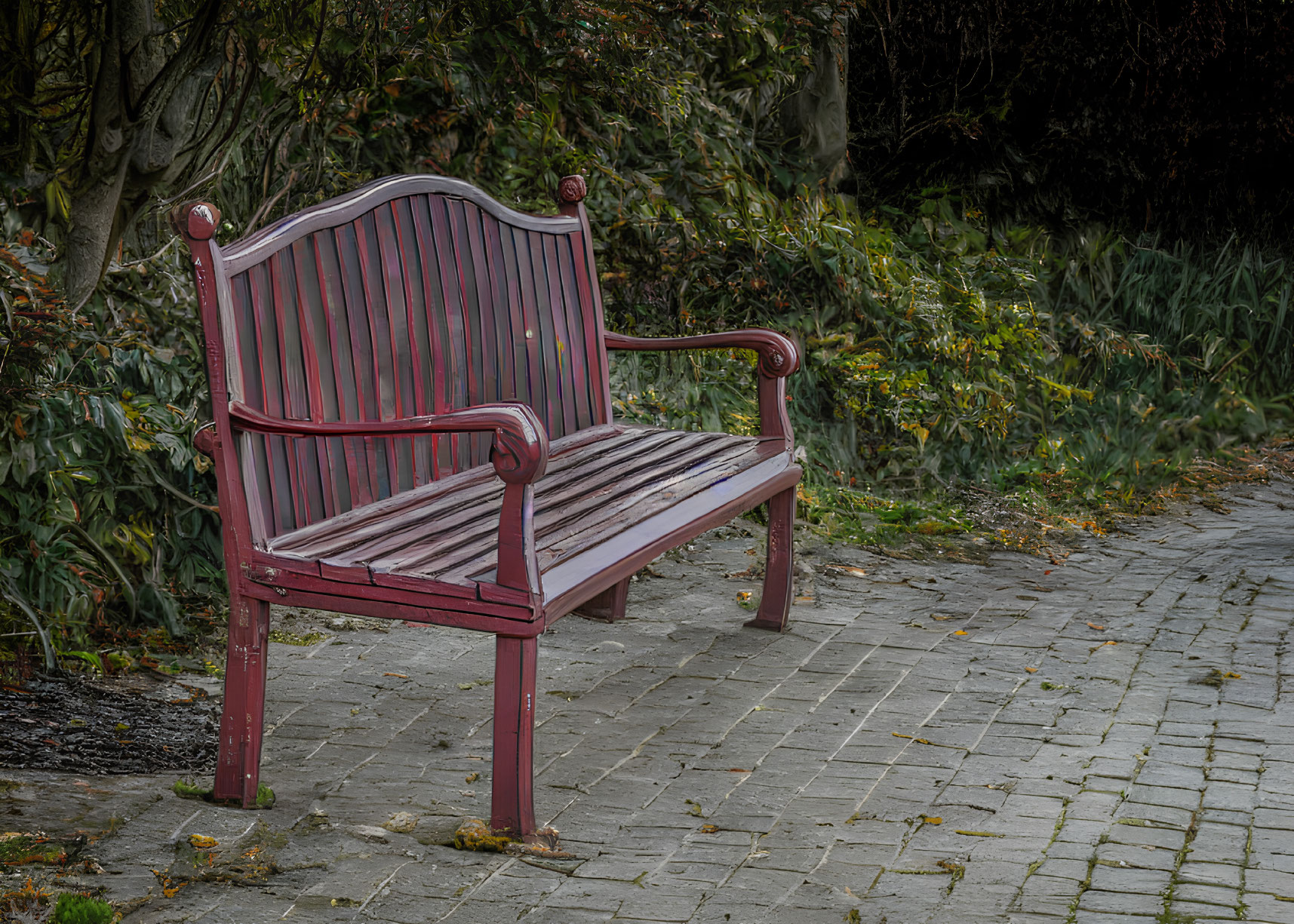 Mahogany Bench on Cobblestone Path Amidst Greenery