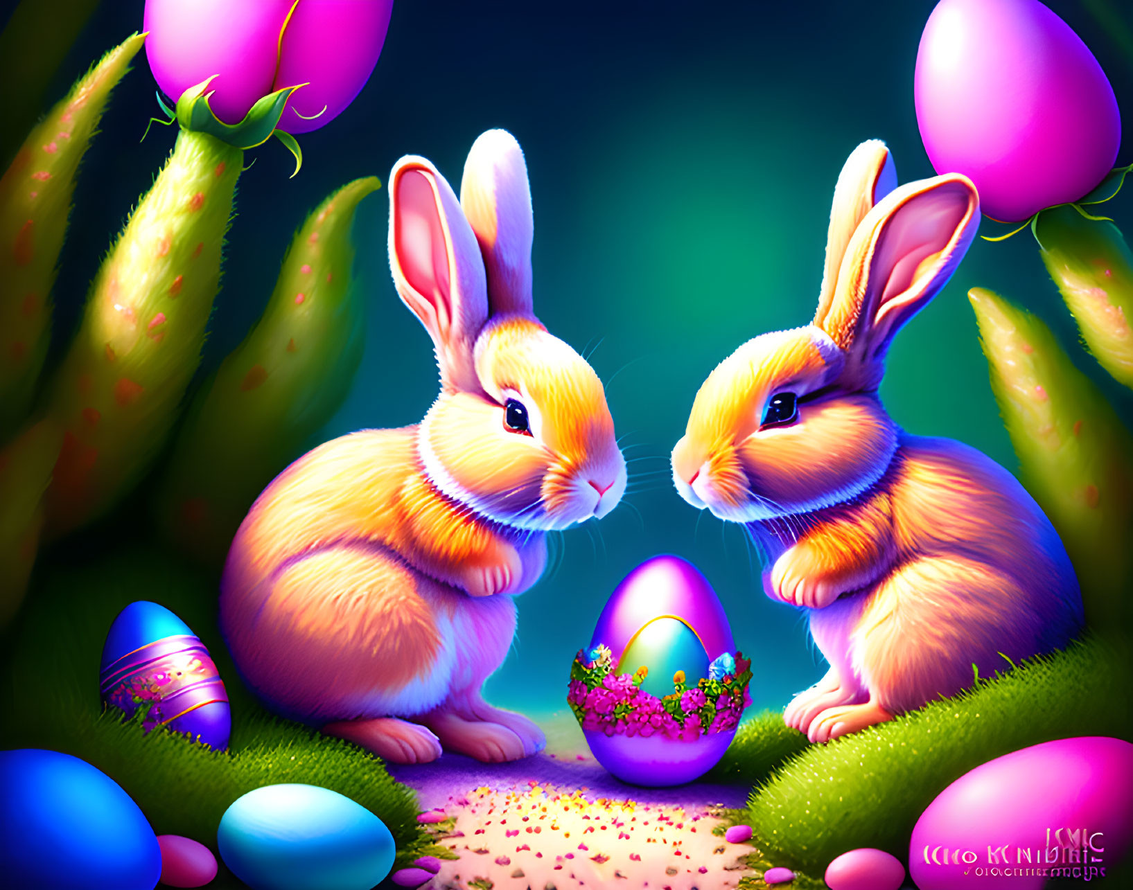 Colorful Easter rabbits with eggs in fantasy night scene.