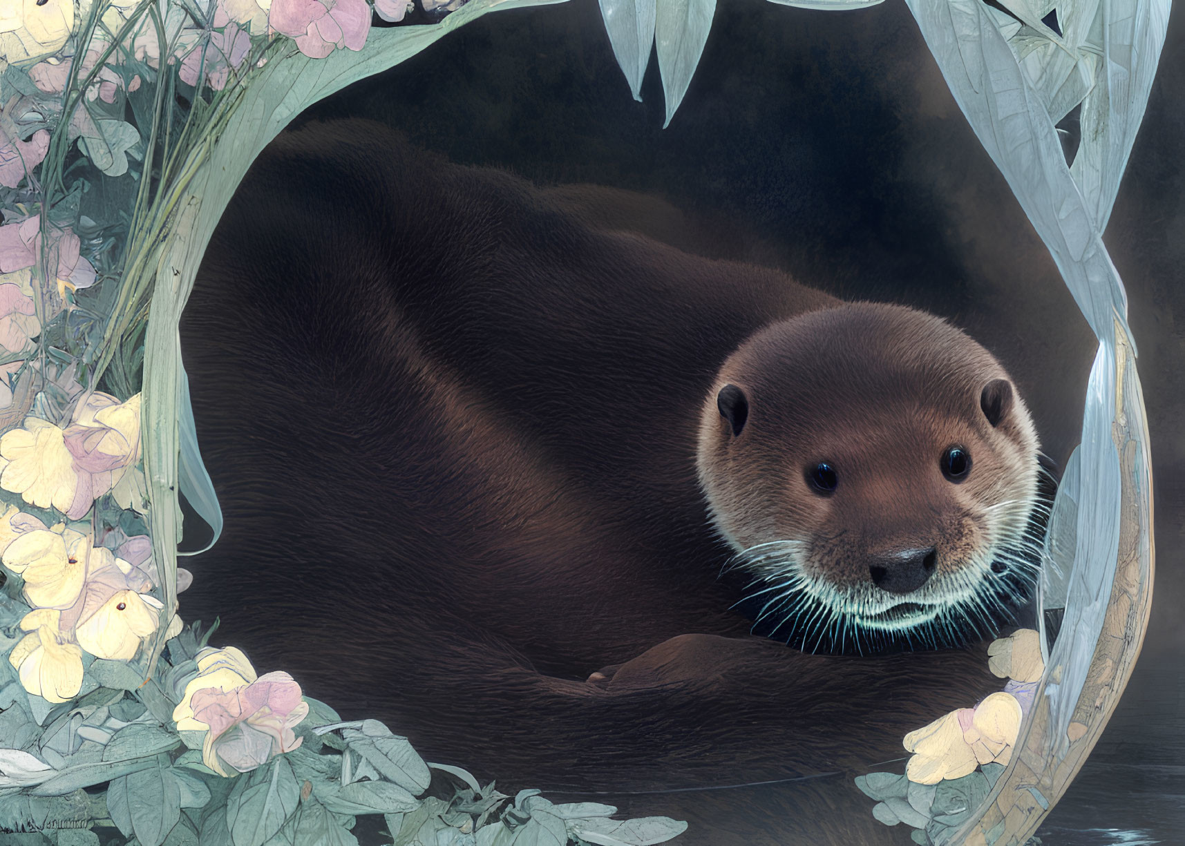 Illustrated otter peeking through circular frame with flowers and foliage