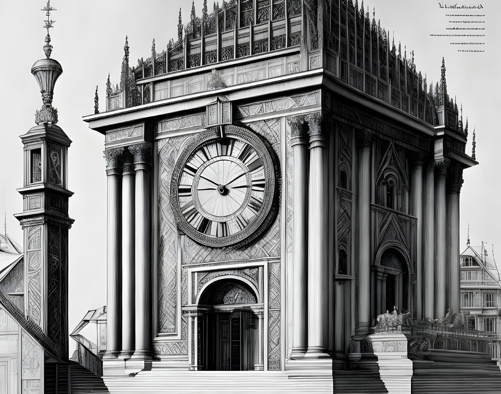 Neoclassical building with clock, columns, & intricate facade