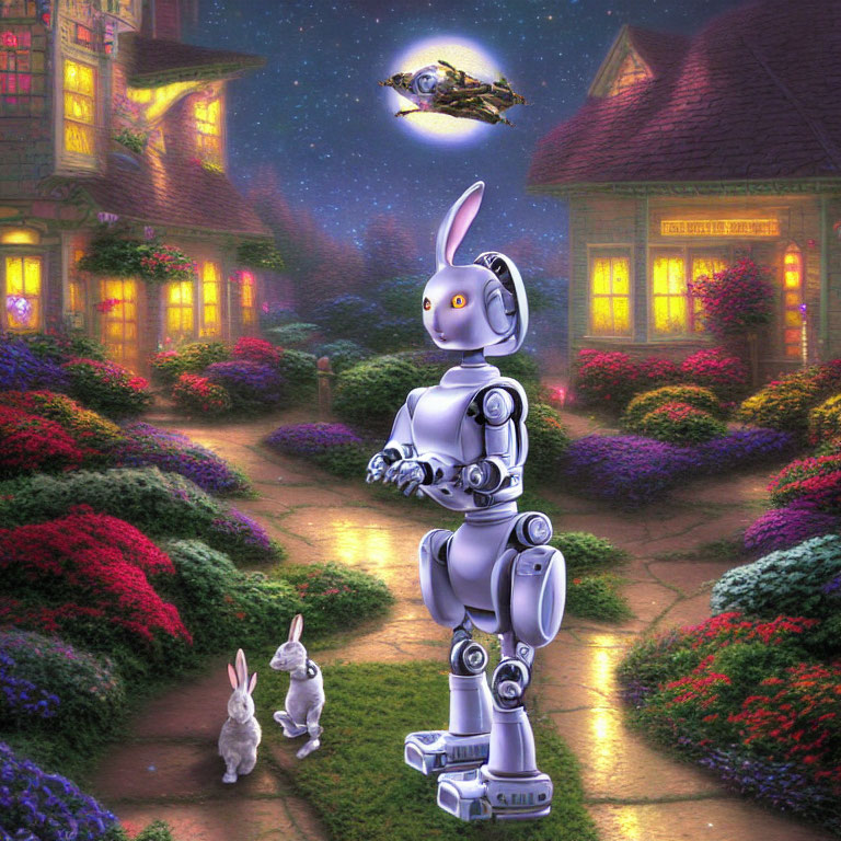 Robot with rabbit-like features in night garden scene with real rabbits and flying vehicle