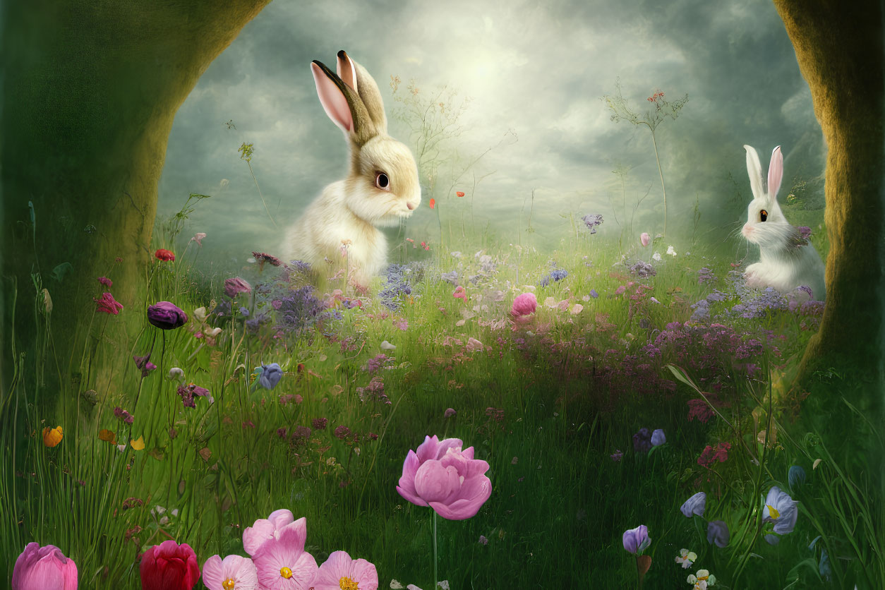 Vibrant meadow with rabbits, colorful flowers, hazy sky, and dark tree arches