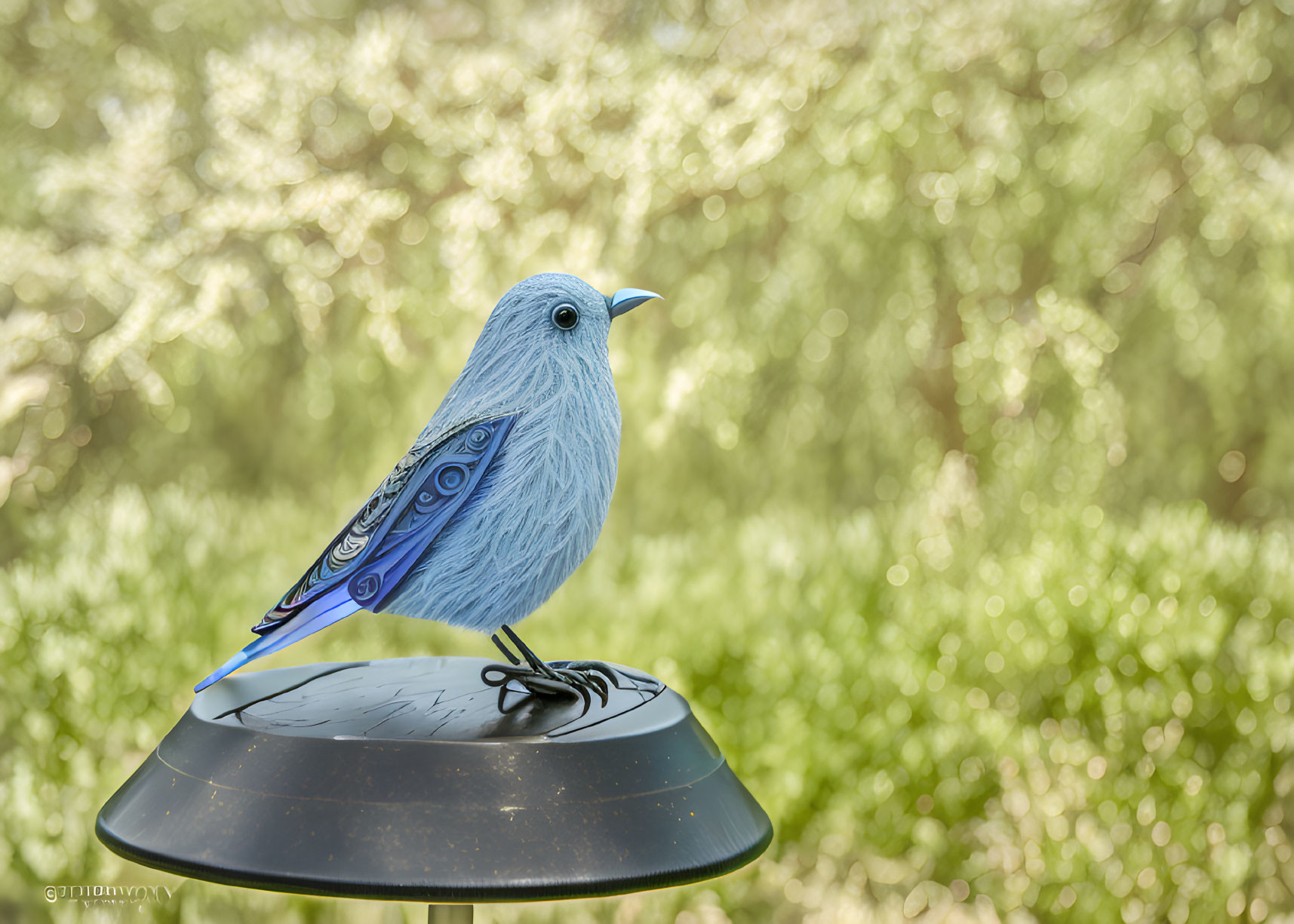 Intricately patterned blue bird sculpture on black stand with green backdrop