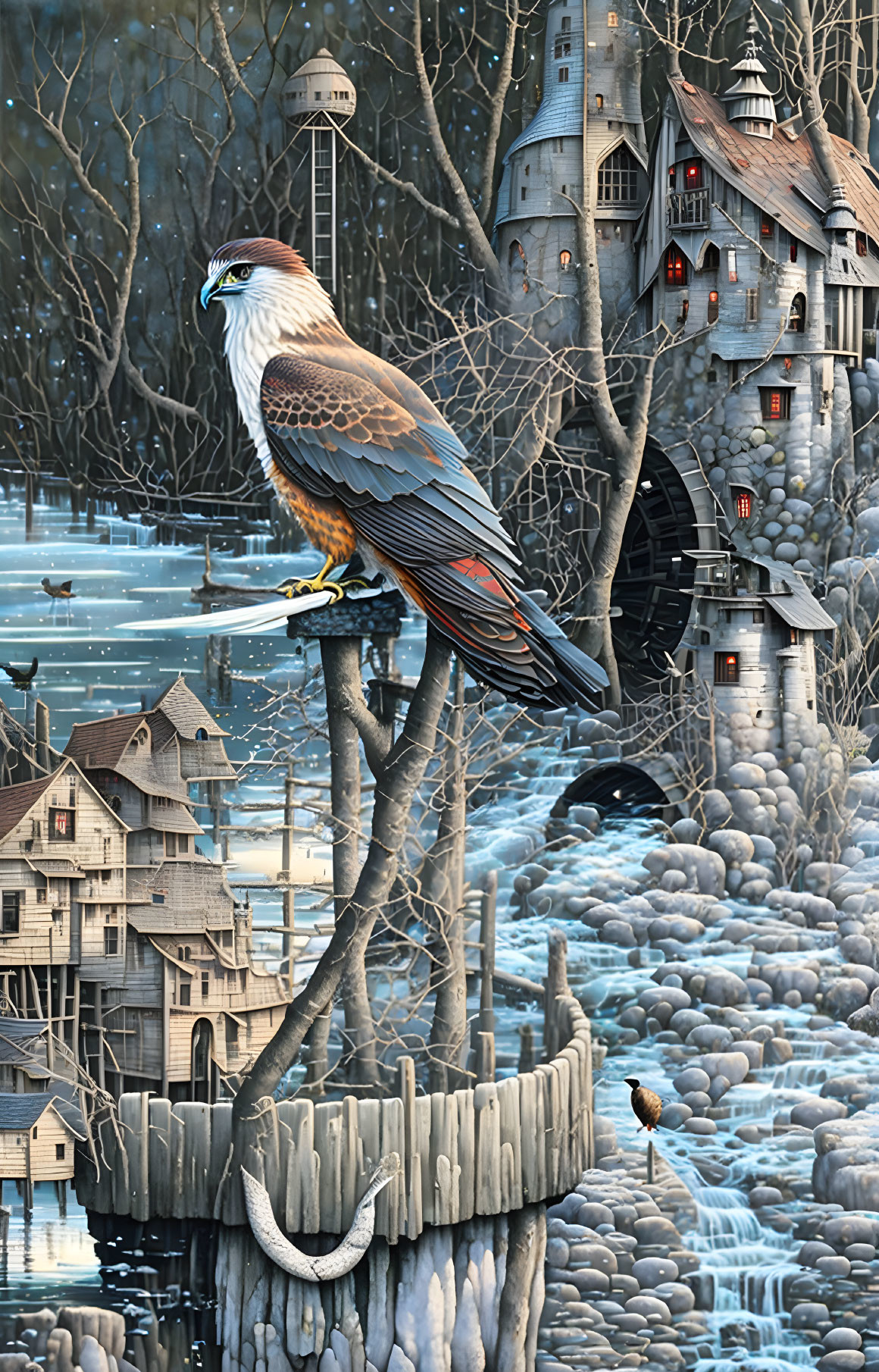 Snow-covered landscape with eagle, castle, houses, water, and bridge