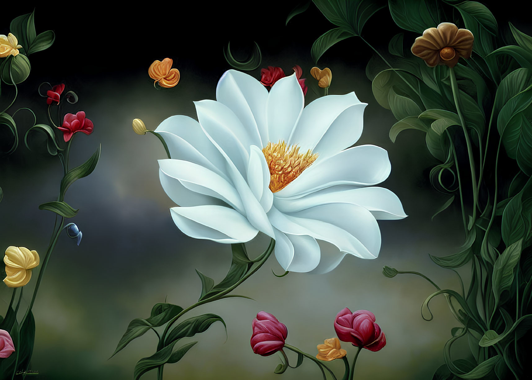 Digital painting: Central white flower with golden center surrounded by colorful flowers on dark background