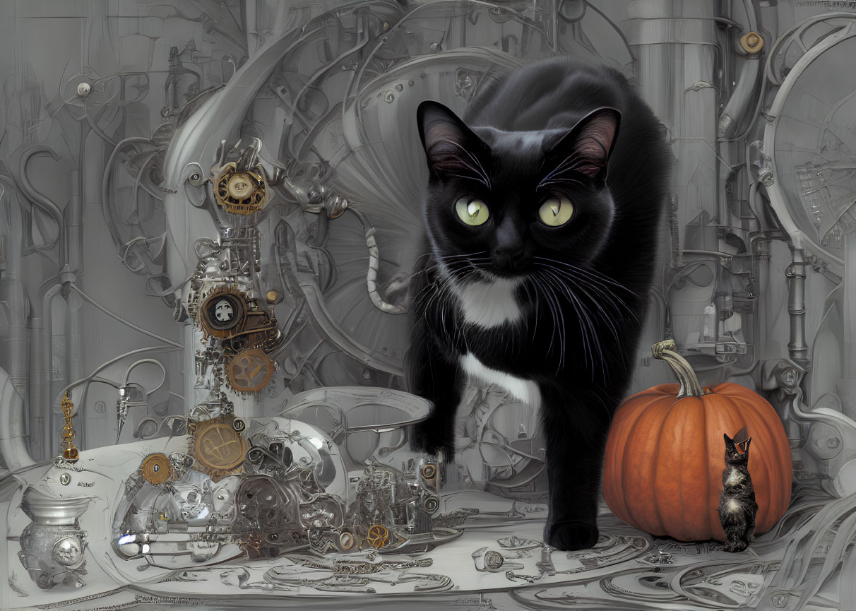 Black Cat with Green Eyes on Mechanical Background with Pumpkin, Mouse, Gears, and Clock Parts