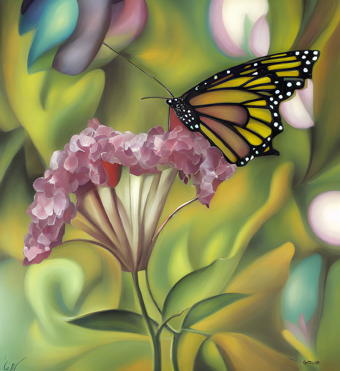 Colorful monarch butterfly painting with pink flowers and green leaves