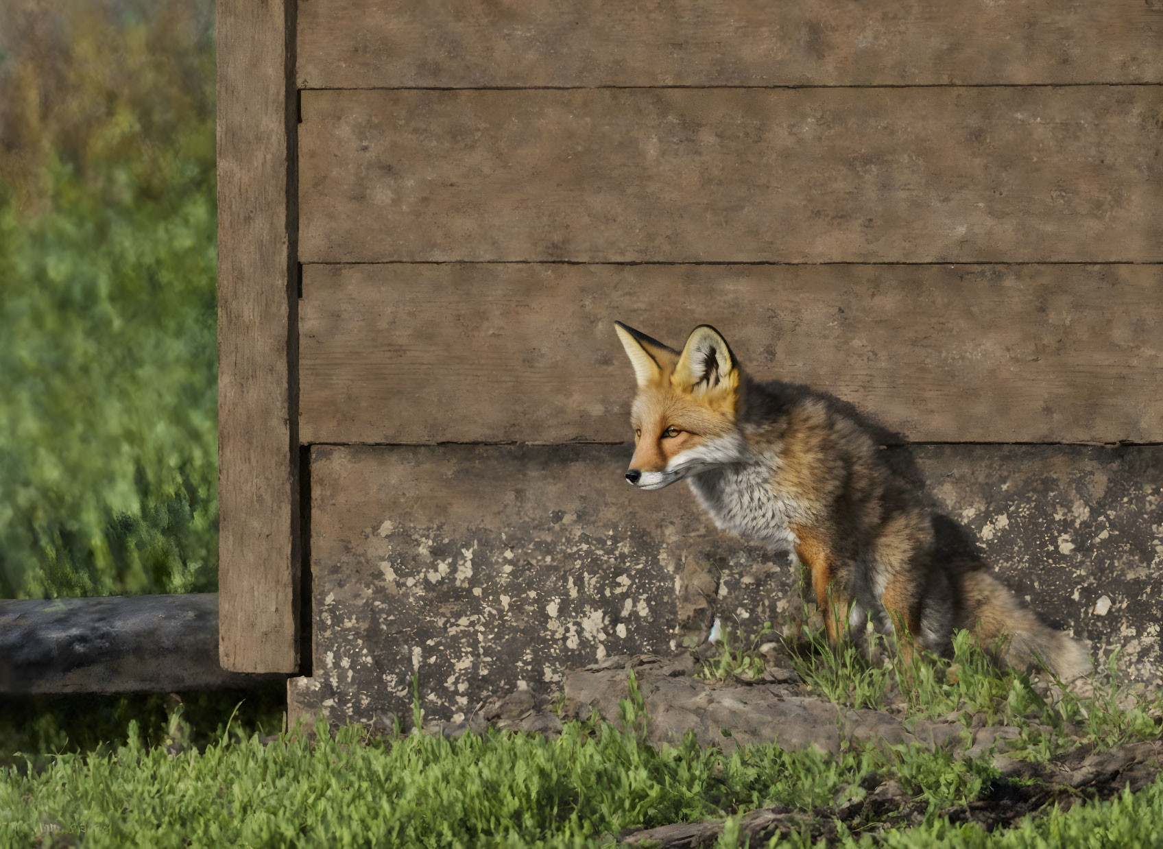 Fox standing by wooden structure in sunlight with green foliage.