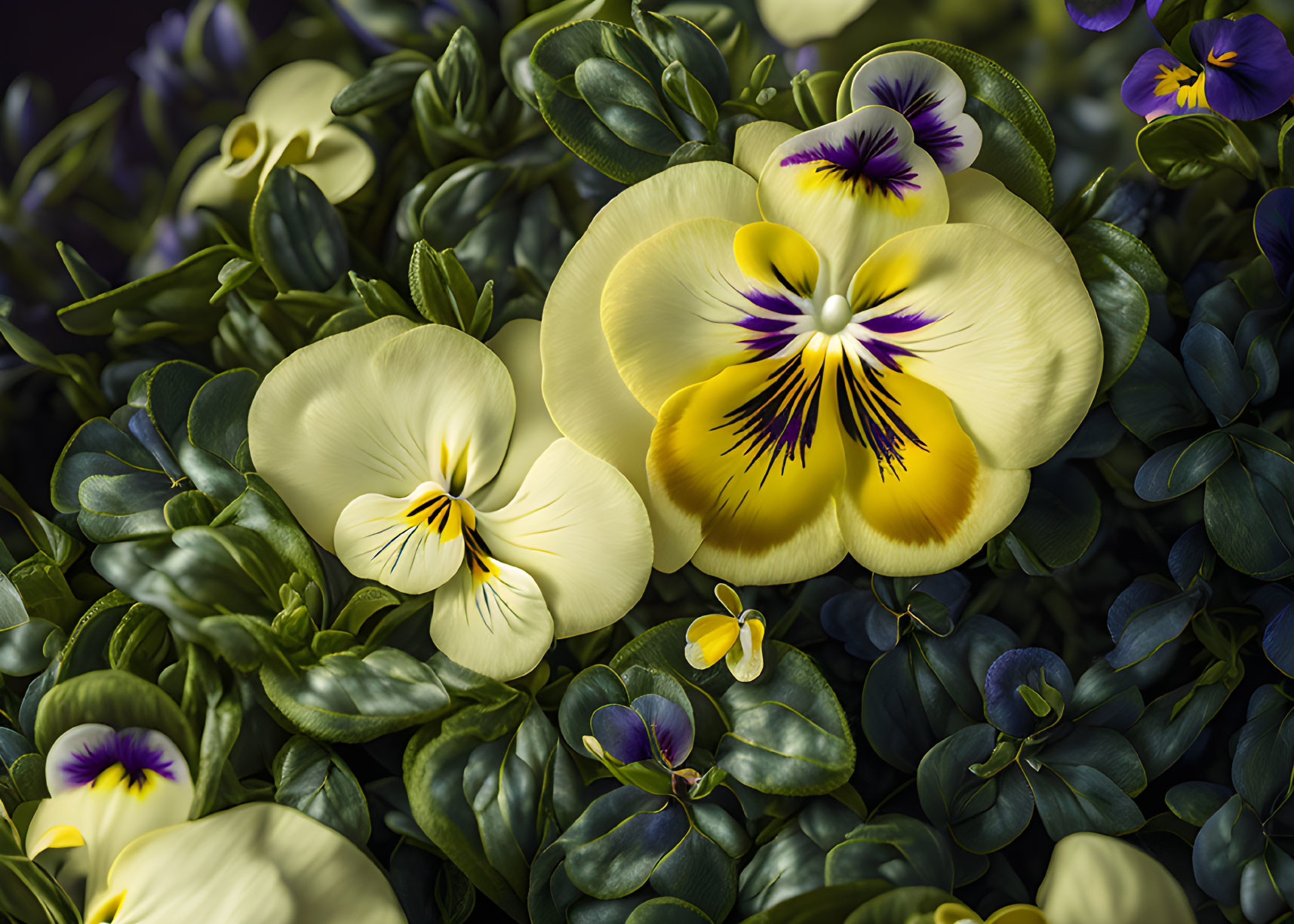 Colorful Yellow and Purple Pansies in Lush Green Foliage