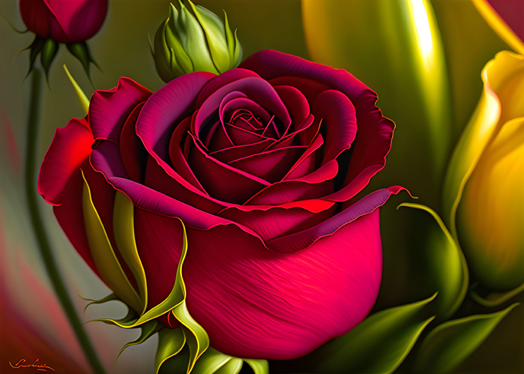 Colorful Digital Artwork of Red Rose on Green and Yellow Background