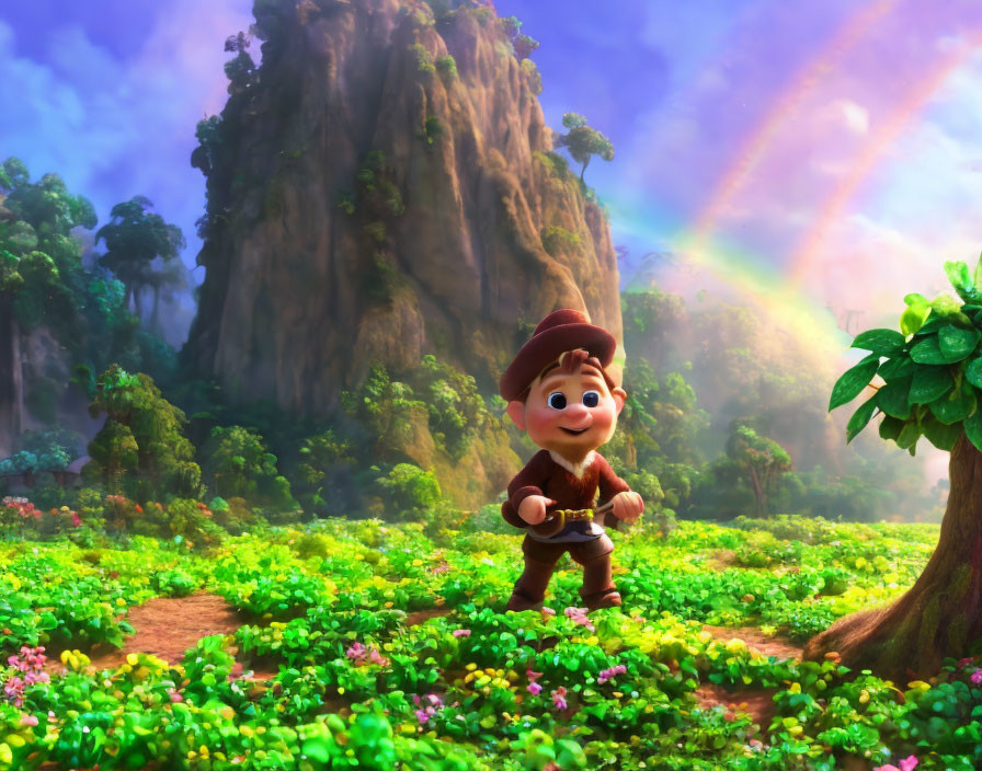 Colorful Animated Character in Forest with Rainbow and Path