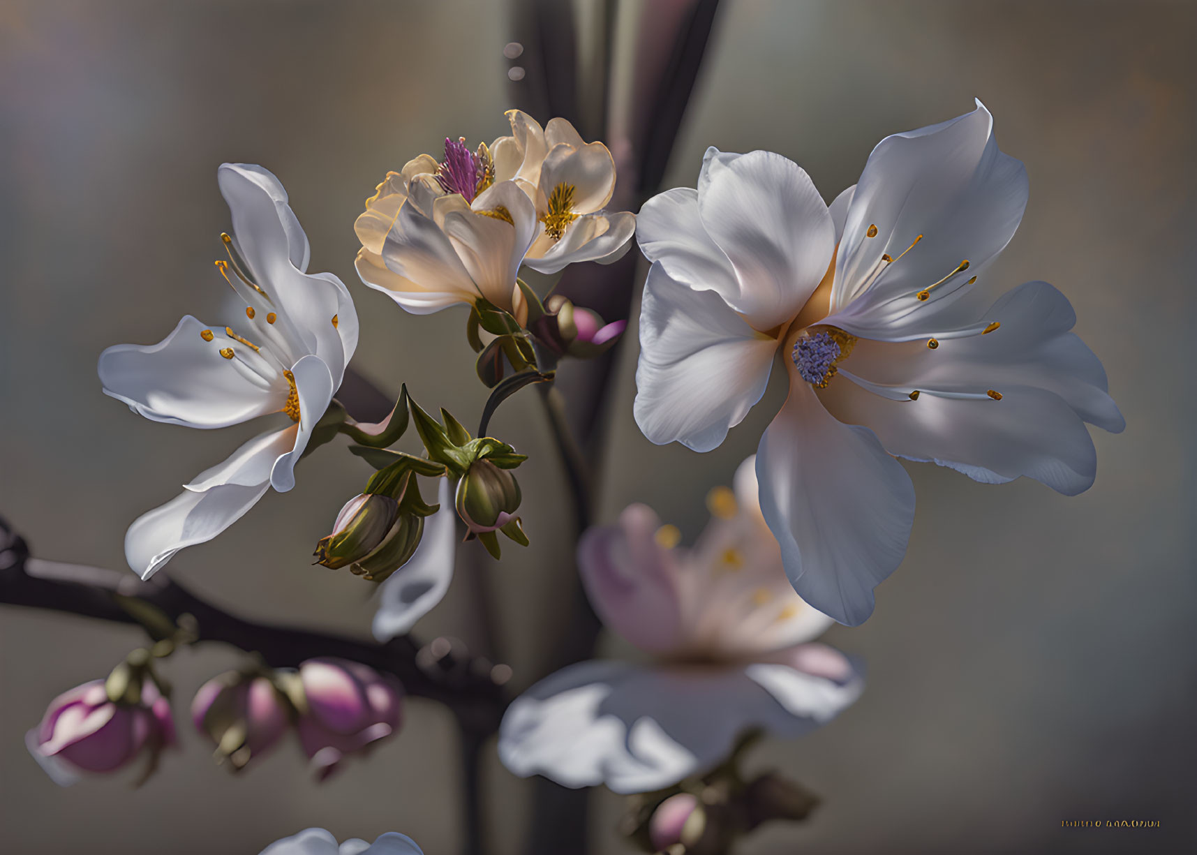 Delicate white cherry blossoms with golden stamens in sunlight