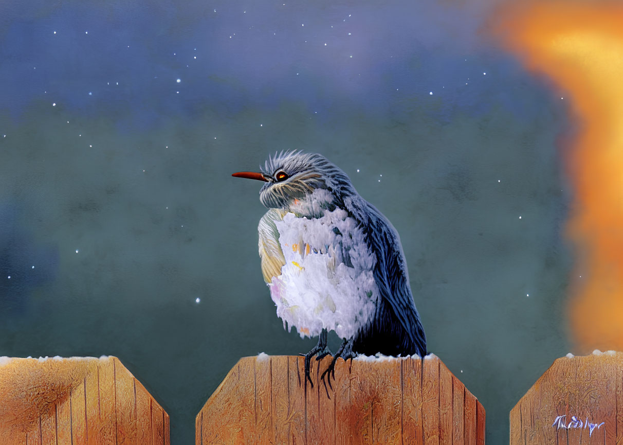 Fluffy white and grey bird on wooden fence under starry sky