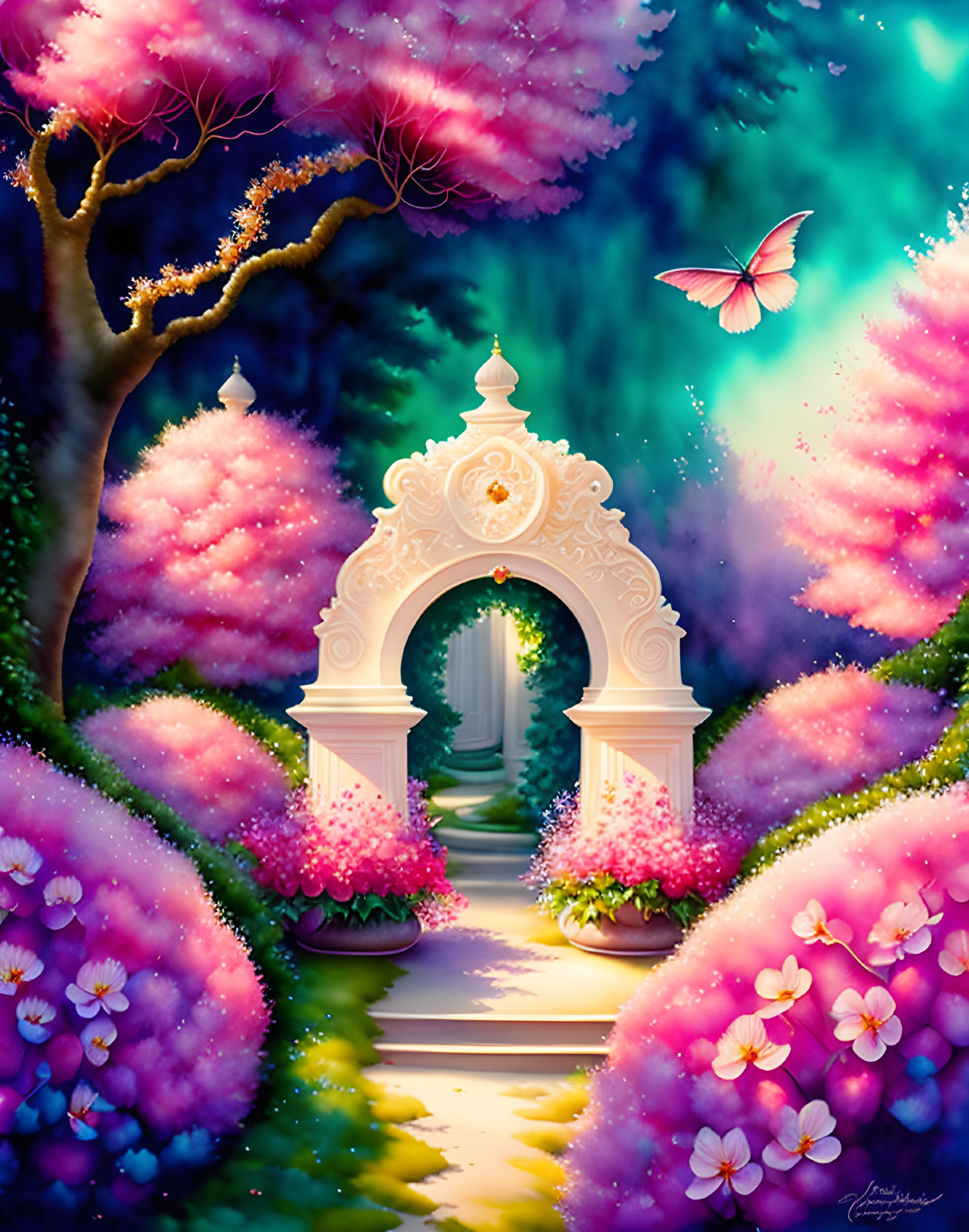 Fantastical garden with pink trees, glowing archway, and mystical setting