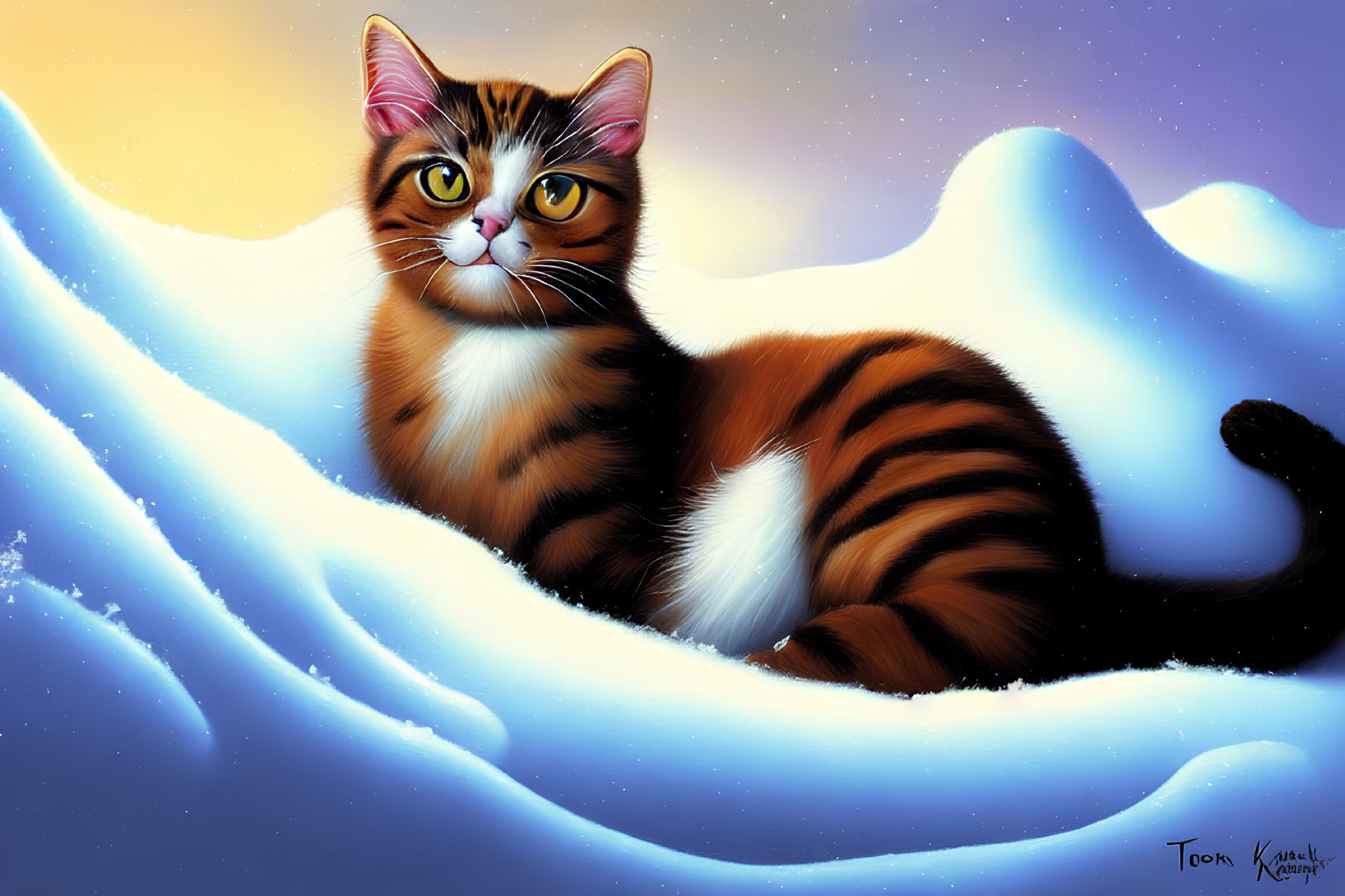 Tabby cat with striking eyes in snowy blue and white whimsical landscape