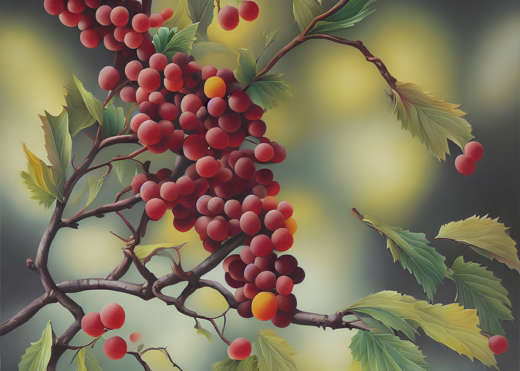 Detailed Illustration of Ripe Red Berries on Lush Berry Bush