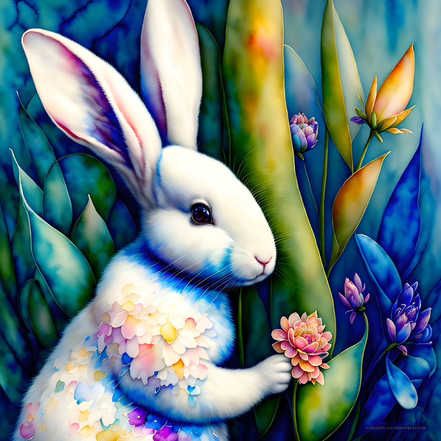 Colorful White Bunny Illustration Among Blue and Green Foliage